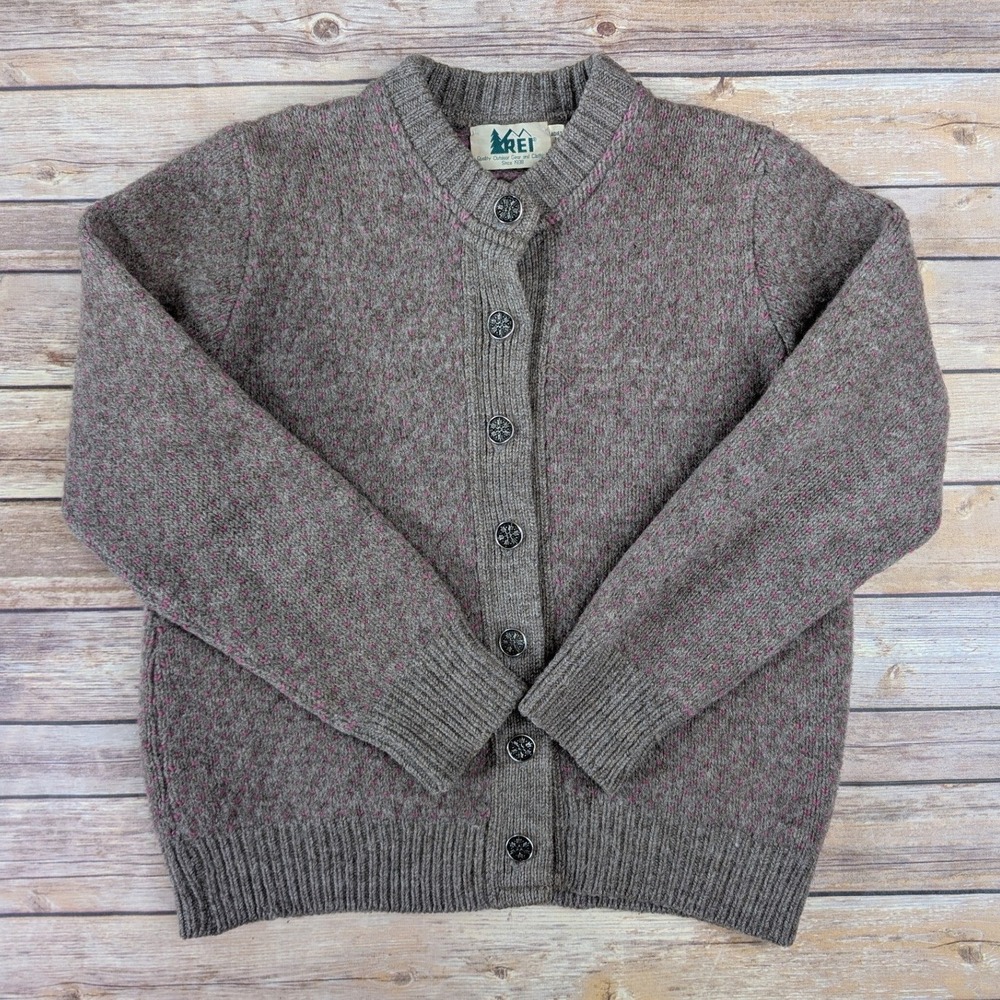 Vintage 90s REI Wool Knit Cardigan Sweater Women's L Pink Brown Outdoor